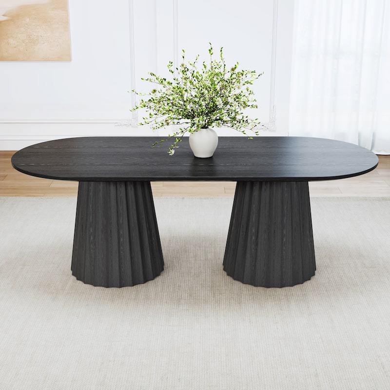 86" Modern Oval Dining Table Set with 8 Upholstered Chairs Textured Wood Top & Dual Pleated Pedestal Base