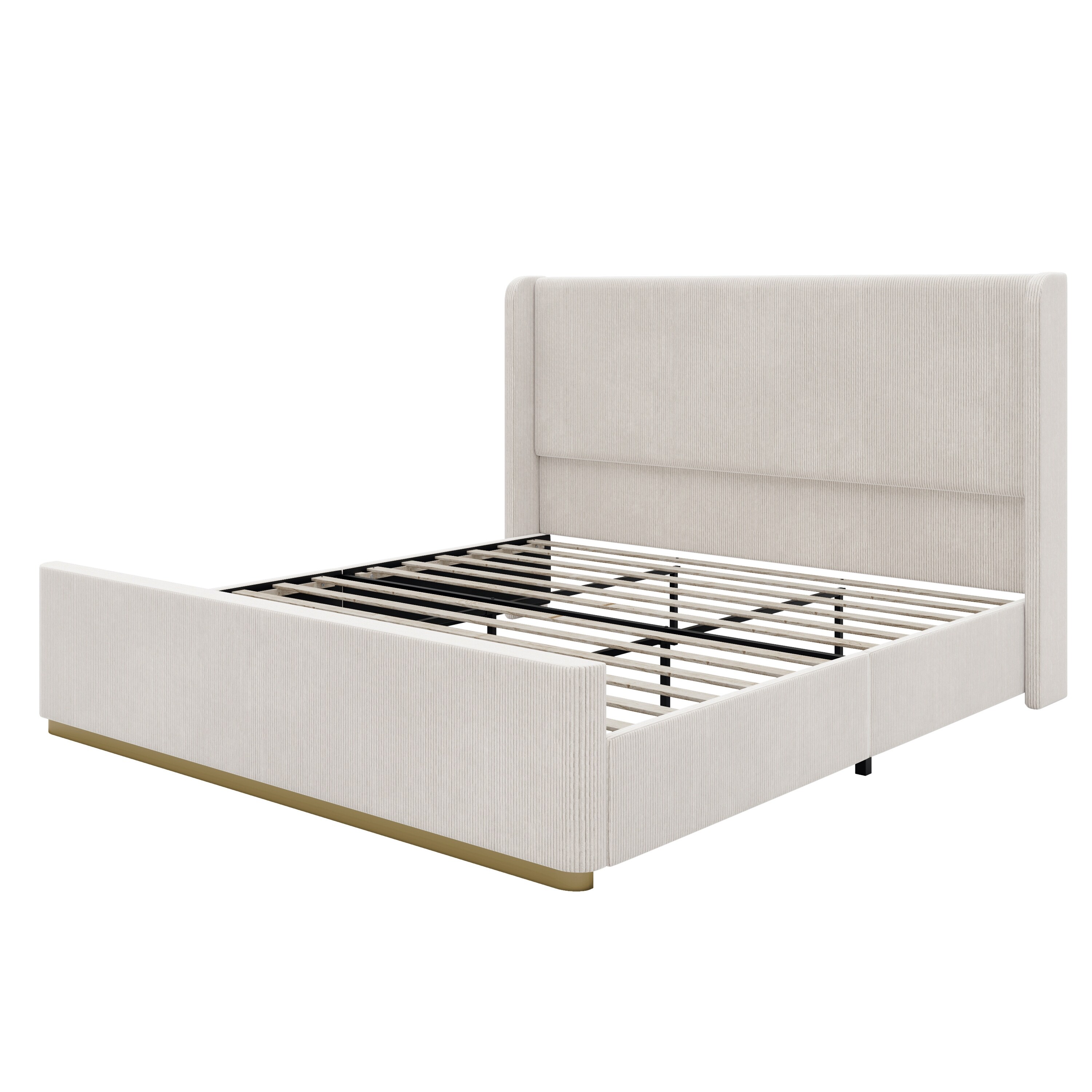 King Size Upholstered Bed with Corduroy Fabric, Wingback Headboard, Metal Frame, and Wooden Slats