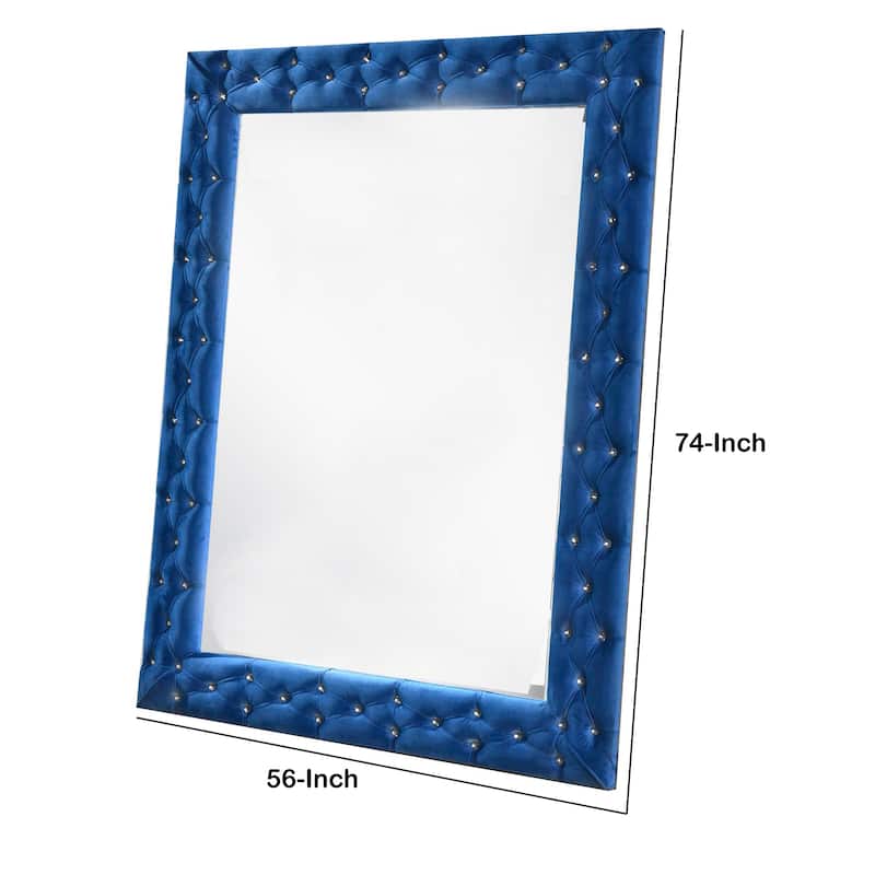 Velvet Wrapped Wooden Frame Mirror with Button Tufting, Blue