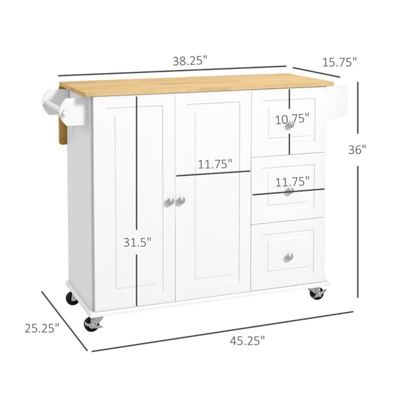 White Kitchen Island Cart with Drop Leaf and Rolling Wheels Drawers and Adjustable Shelf - 45.25" W x 25.25" D x 36" H