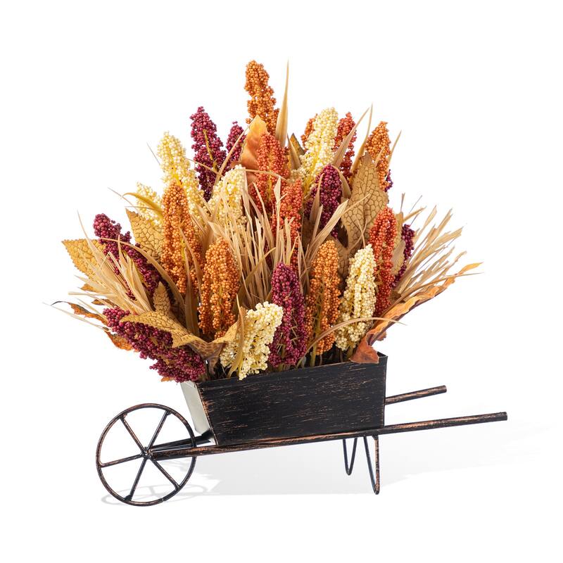 Glitzhome 14"L Fall Floral sunflower Pumpkins/ Sorghum Cart Centerpiece Harvest Table Decor