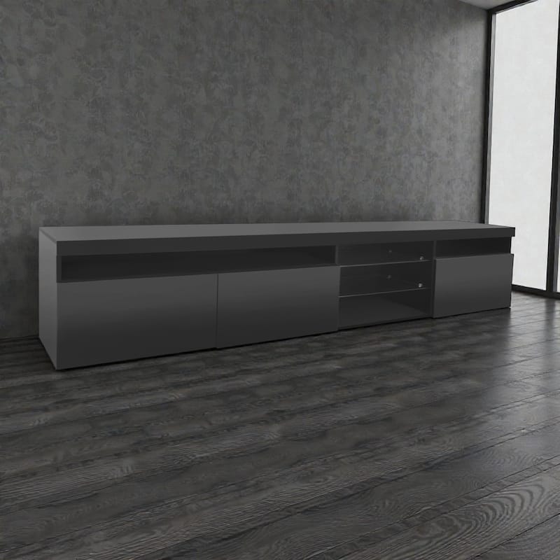 94.5" LED TV Stand with Glass Shelves, Modern Media Console for TVs up to 105" for Living Room, Storage Cabinets