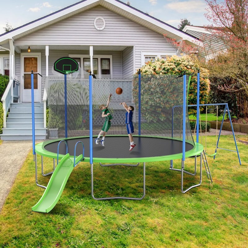 14FT Trampoline with Slide Swings Double Color Cover Basketball Hoop Ladder Net for Kids Adults