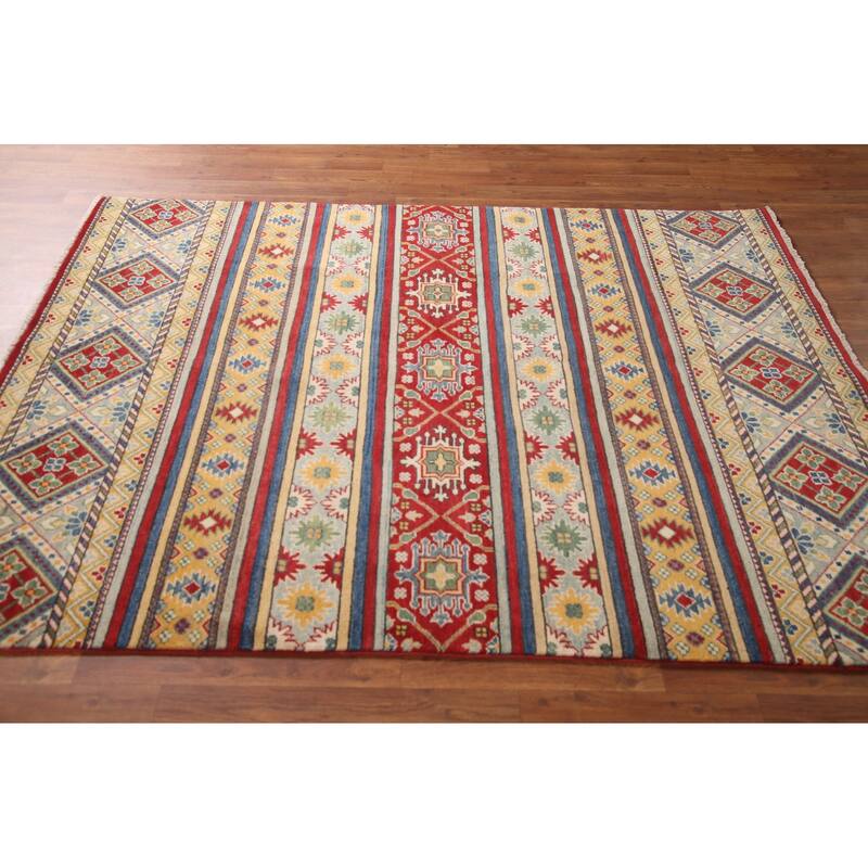 Striped Geometric Kazak Area Rug Hand-Knotted Wool Carpet - 4'11" x 6'7"