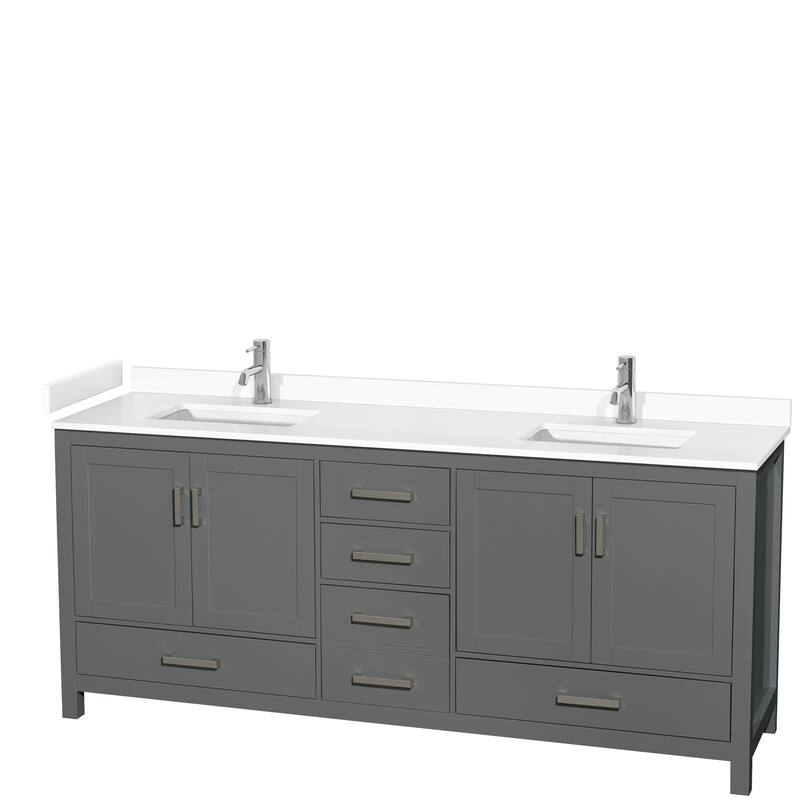Sheffield Double Bathroom Vanity Set, Cultured Top, No Mirror - 80-Inch Double - Dark Gray, White Cultured Marble Top, Chrome Trim