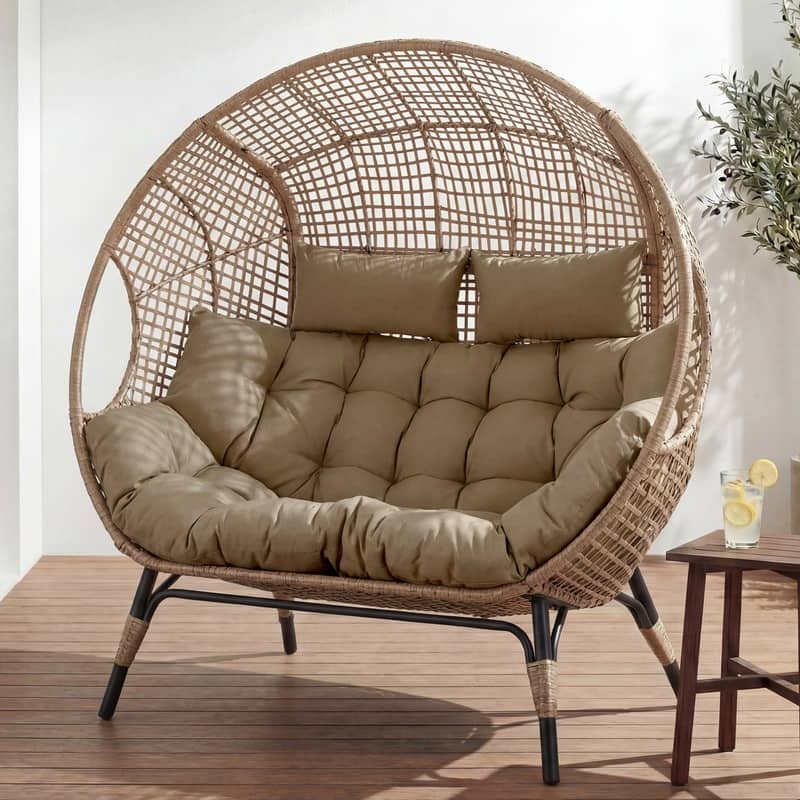 2-Person Papasan-Style Oversized PE Wicker Egg Chair with Cushions, 57.1" Wide, 680-lb Capacity, Indoor/Outdoor - Brown
