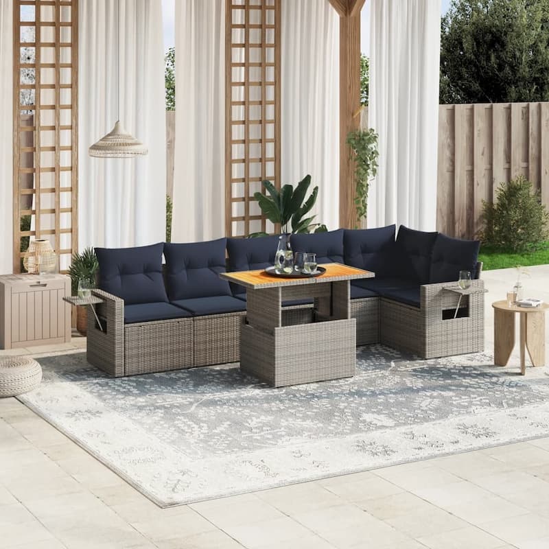 vidaXL Patio Sofa Set with Cushions Outdoor Furniture 7 Piece Poly Rattan - 24.4 x 24.4 x 27.2 - Grey-corner+Table+3x middle