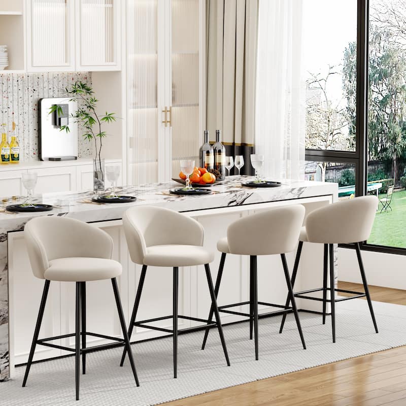 24" Height Upholstered Counter Stools With Metal Frame, Bar Chairs for Kitchen lsland with back and footrest - Set of 4 - Ivory