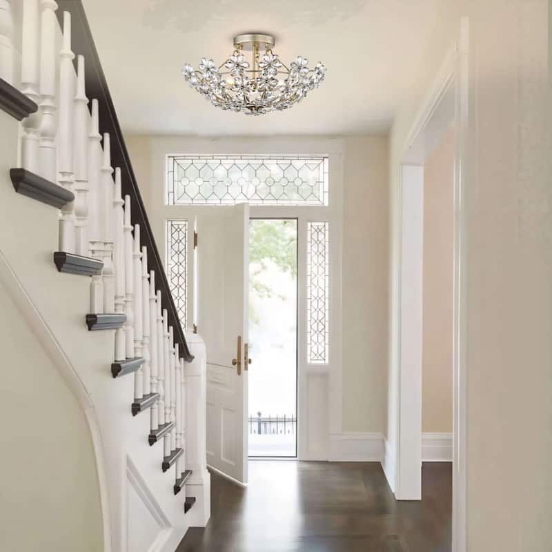 Rosa Glam 3-Light 20" Daisy Crystal Glass Flower Blossom Flush Mount - Brushed Silver-ish Champagne