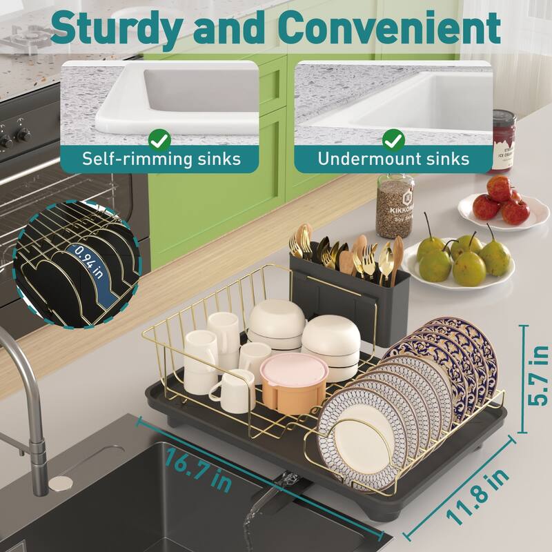 Dish Drying Rack for Kitchen Countertop, Gold Stainless Steel Dish Drainer with Drain Board, Utensil Holder & Anti-Slip Feet