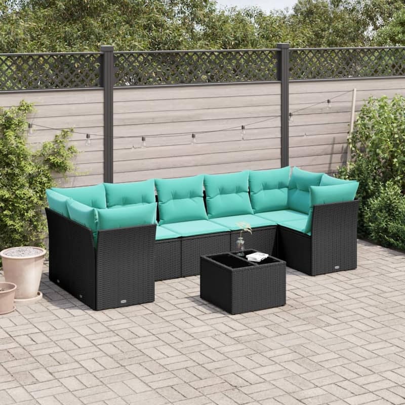 vidaXL 8 Piece Patio Sofa Set with Cushions Black Poly Rattan - 113.8x27.2x48.8-Table + 4x corner + 3x middle