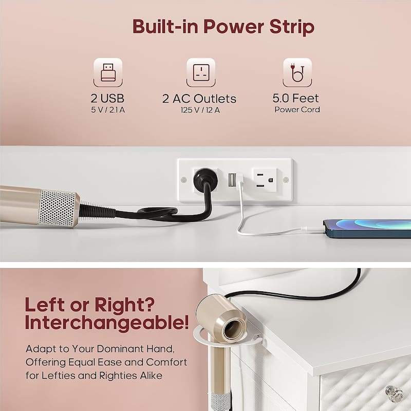 Vanity with Extra Large Mirror and Lights Power Strip 3 Color Modes