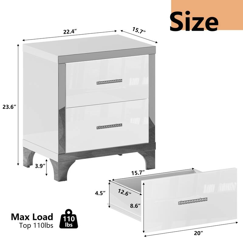 High Gloss Mirrored Nightstand with 2 Drawers,Modern End Table with Drawers,Mirrored High Gloss Wood Nightstand Metal Handle