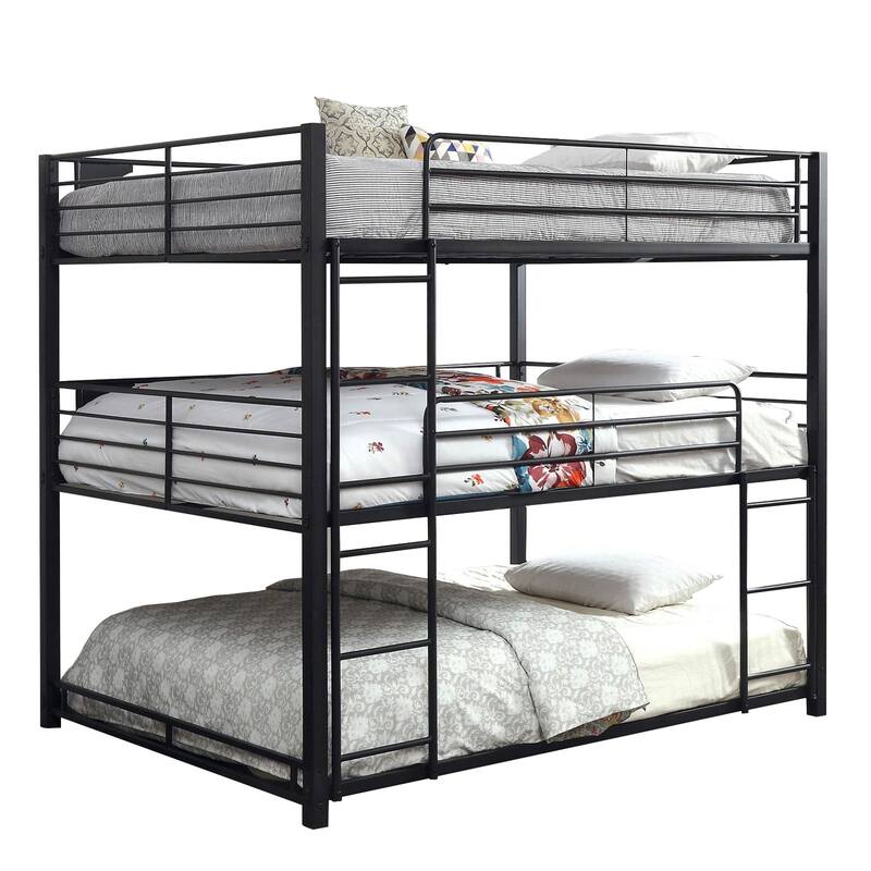 Queen Triple Bunk Bed with Ladder - Metal Frame - 2 Ladders & Guard Rails - Black Finish