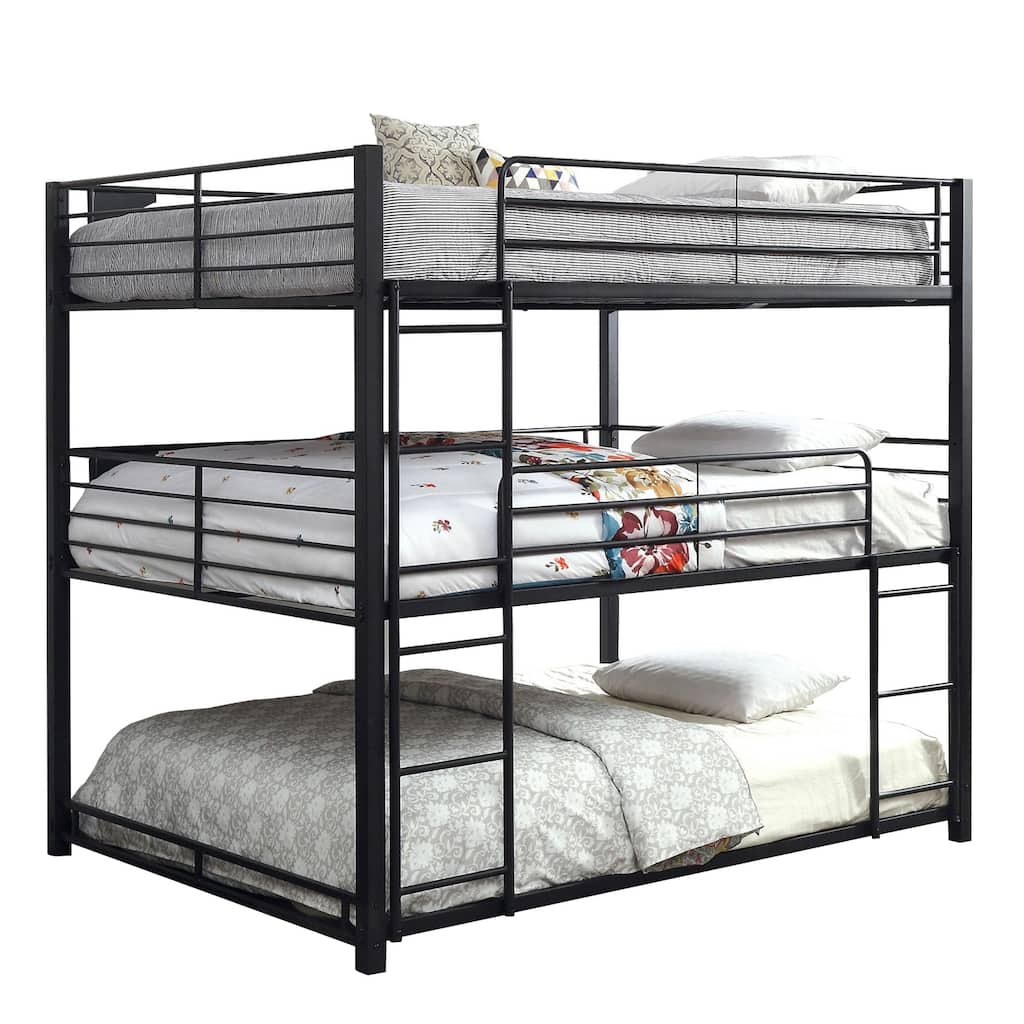 Queen Triple Bunk Bed with Ladder - Metal Frame - 2 Ladders & Guard Rails - Black Finish