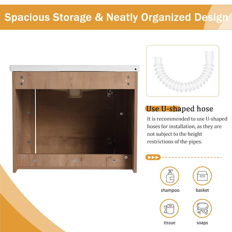 Malwee 24"/36"/48"/60" Floating Bathroom Vanity, Wall Mounted Bathroom Vanity with Ceramic Sink,Soft Close Door and Shelf