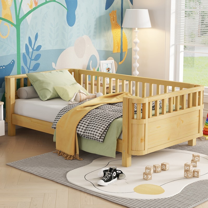 Kids Platform Bed Toddler Low Platform Wood Bed with Removable Guardrail, Rounded Corner Design Bed Frame to Protect Children - Natural - Twin