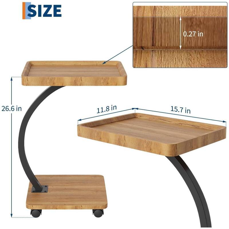 C-Shaped Side Table with Wheels, End Table for Small Spaces
