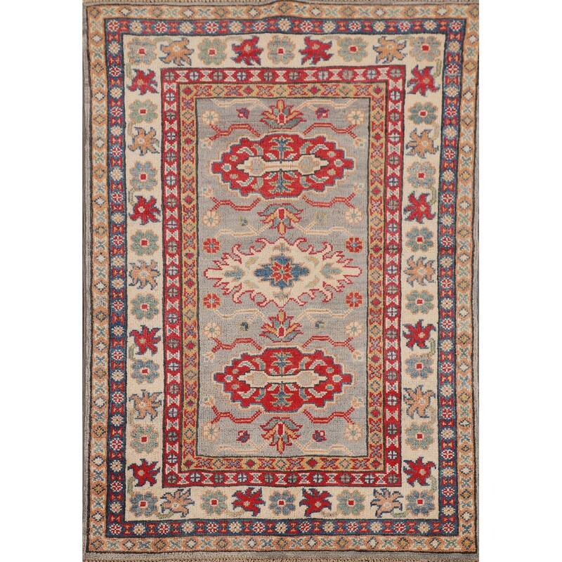 Geometric Kazak Accent Rug Bedroom Hand-Knotted Wool Carpet - 2'9" x 4'1"