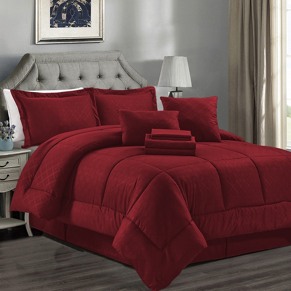 8/10 Piece Burgundy Plaid Comforter Set