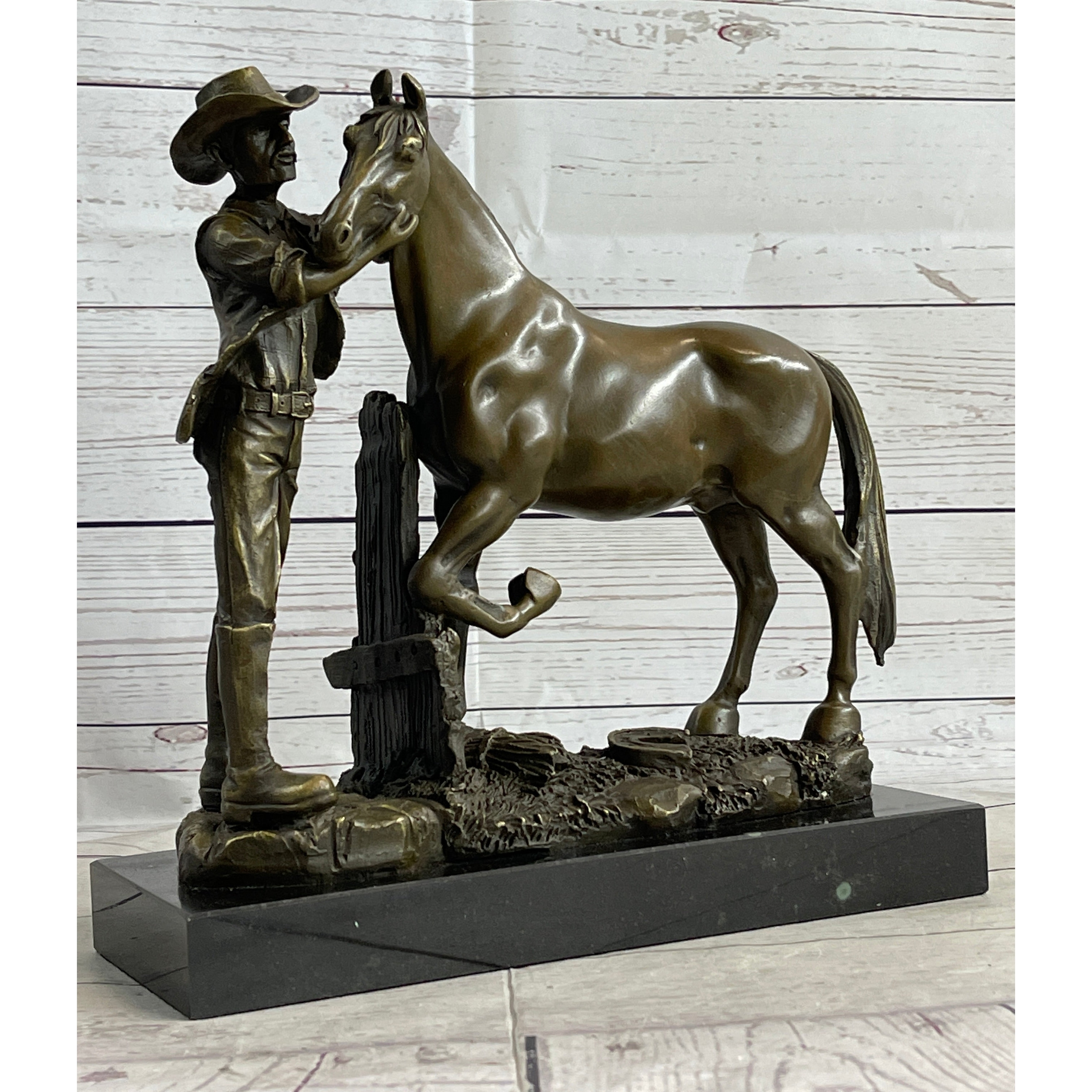 Cowboy Rancher Tending Imitative Horse Bronze Statue Sculpture Figure Western Decor 11 Inches X 12 Inches