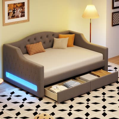Upholstered Twin XL Size Daybed with LED Belt and 2 Drawers, Gray