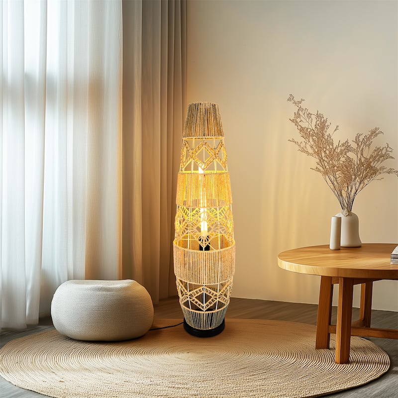 Boho Rustic Hand-Woven Rattan Corner Floor Lamp Night Light with Led Light Bar - 7.09x36.61 inch