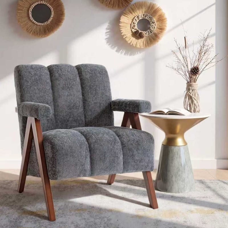 Mid Century Modern Accent Chair, Chenille Armchair with Solid Wood Legs, Channel Tufted Comfy Reading Chair for Living Room - Grey