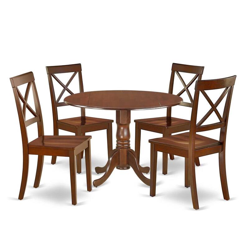 HomeStock 5-Piece Round Mahogany Finish Solid Wood Top Dining Table with 4 Chairs with Drop Leaf Lattice Back