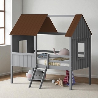 Twin Size Low Loft Wood House Bed Frame with Roof and Side Windows ...