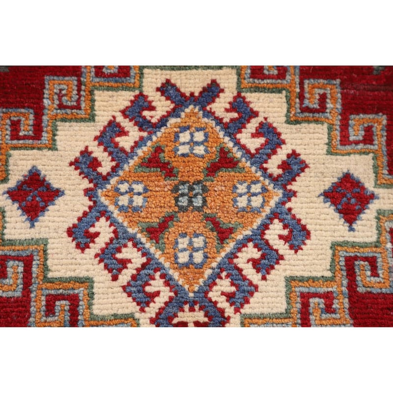 Geometric Red Kazak Accent Rug Hand-Knotted Foyer Wool Carpet - 2'9" x 4'1"