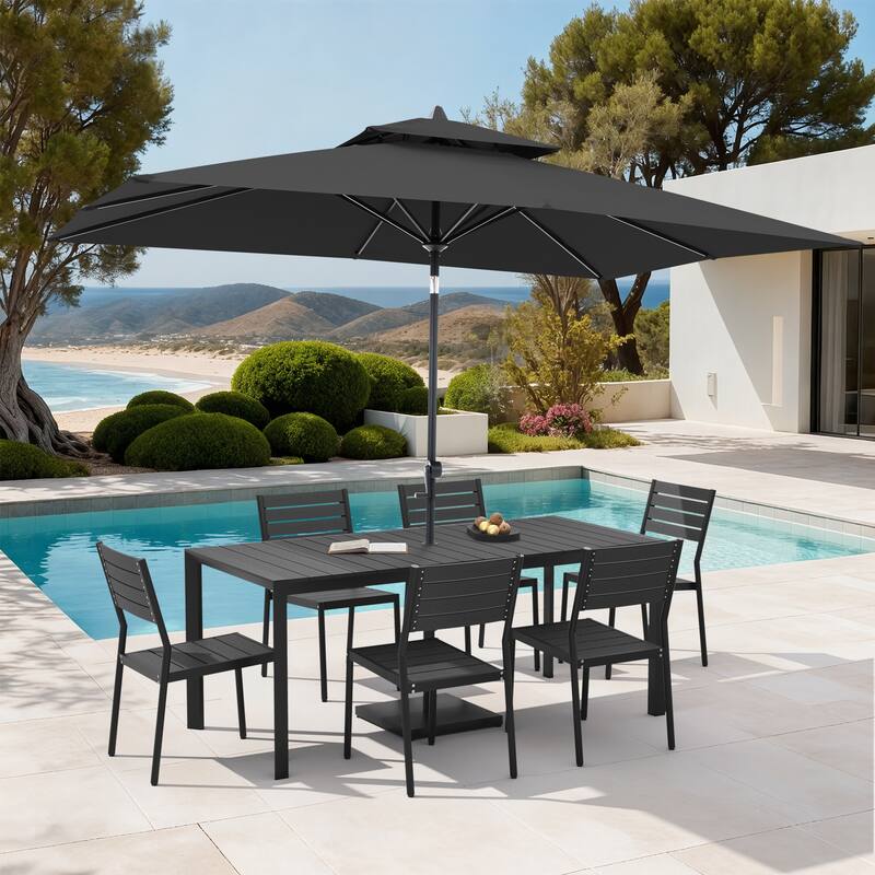 Set of 9 Outdoor Patio Dining Set WoodLike Aluminum Umbrella Hole Table with Stackable Chairs, Market Umbrella Set - BlackTable&BlackChairs&BlackUmbrella