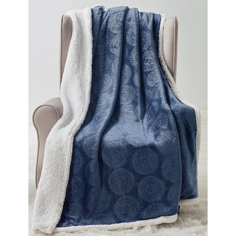 Bon Iver Collection by Décor&More Extra Soft Mandala Embossed Microplush Throw Blanket with Sherpa Backing (50" x 60") - Blue - Throw