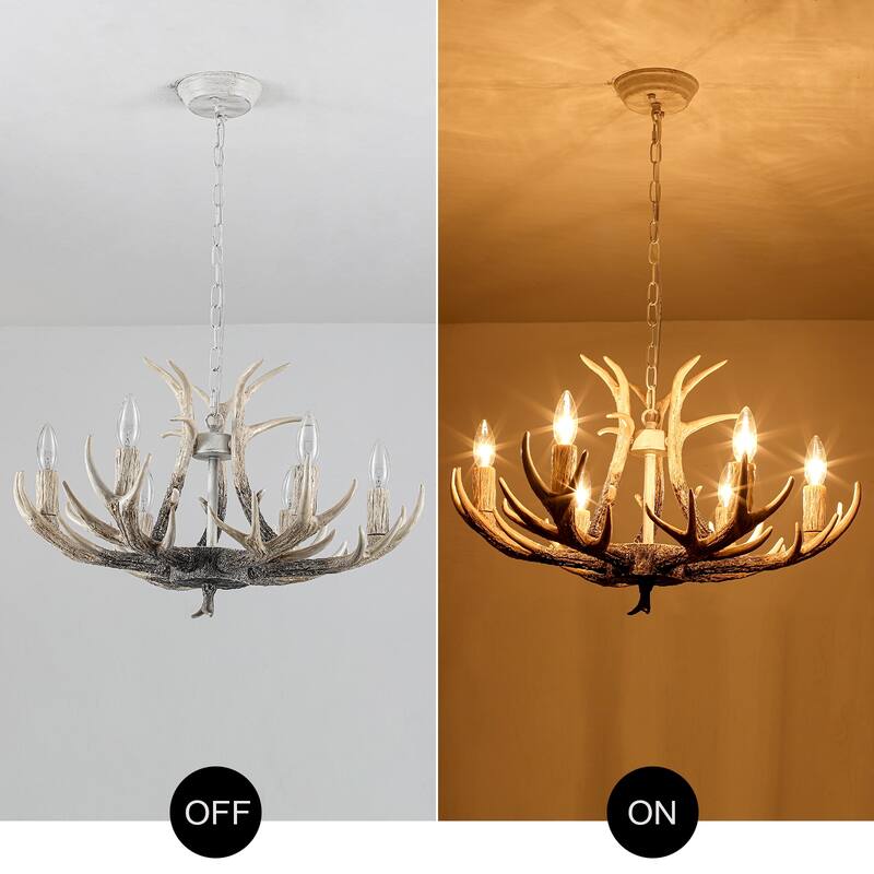 6-light farmhouse adjustable height pendant light with decorative resin antlers