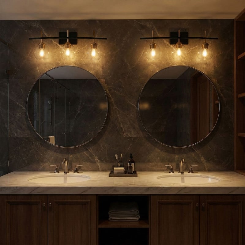 3 Light Industrial Vanity Light Matte Black with Antique Copper Accents Clear Tube Glass Shades