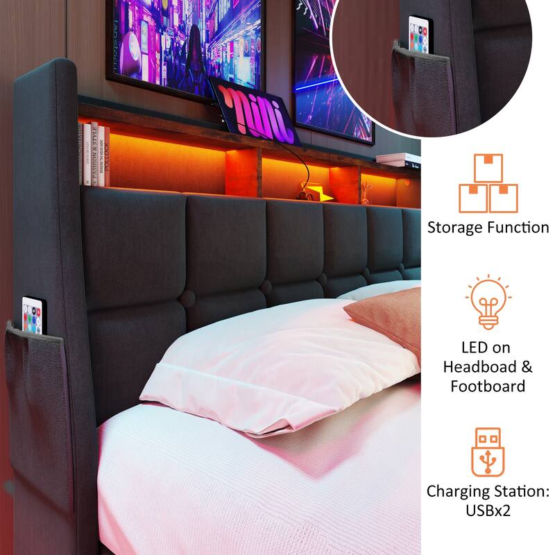 Grey Full Size Upholstered Platform Bed with Hydraulic Storage System, LED and USB Charging