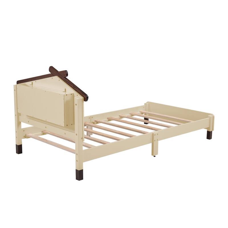 Wood Platform Bed with Houseshaped Headboard and Motion Activated