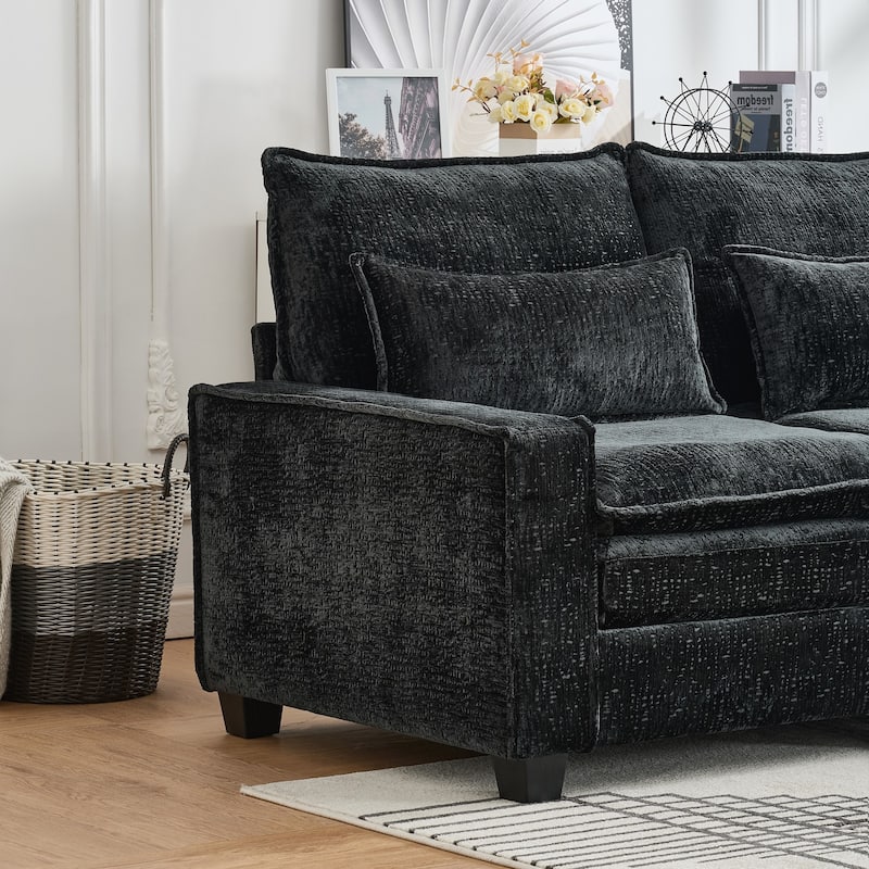 Cloud Chenille L-shaped Sectional Sofa, Deep Seat Couch with Thick Cushions, Movable Ottoman and Waist Pillows for Living Room