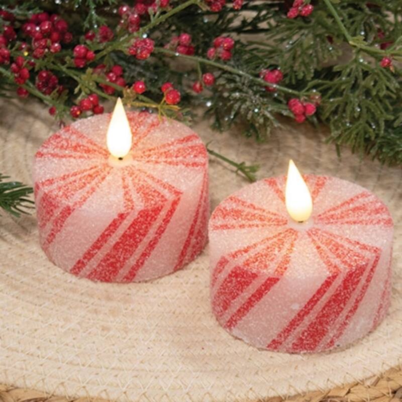 2/Set Glittered Peppermint LED Tealights Christmas Decor - 2.75" x 2.75" x 1.50"