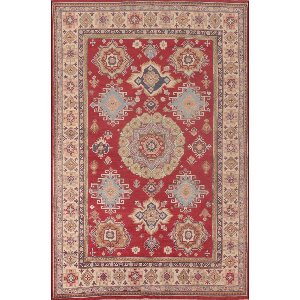 Red Geometric Kazak Oriental Area Rug Handmade Wool Carpet - 6'4" x 9'9"