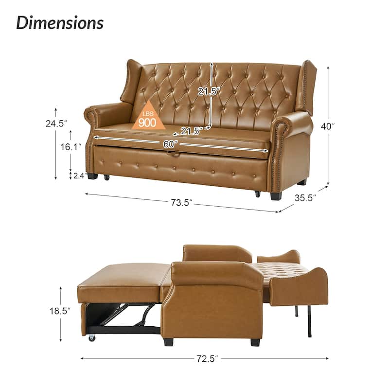 Ruedi Transitional 73.6" Vegan Leather Sofa Bed with Tufted Back and Nailhead by HULALA HOME