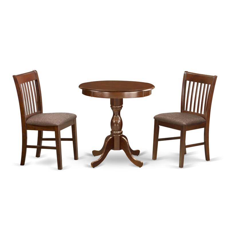 East West Furniture 3 Piece Modern Dining Table Set- a Round Wooden Table and 2 Dining Chairs, (Seat & Finish Options)