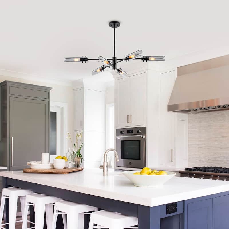 6-Light Modern Branch Chandelier 2-in-1 Curved Smoke Glass Panels - Dia.47.24-in