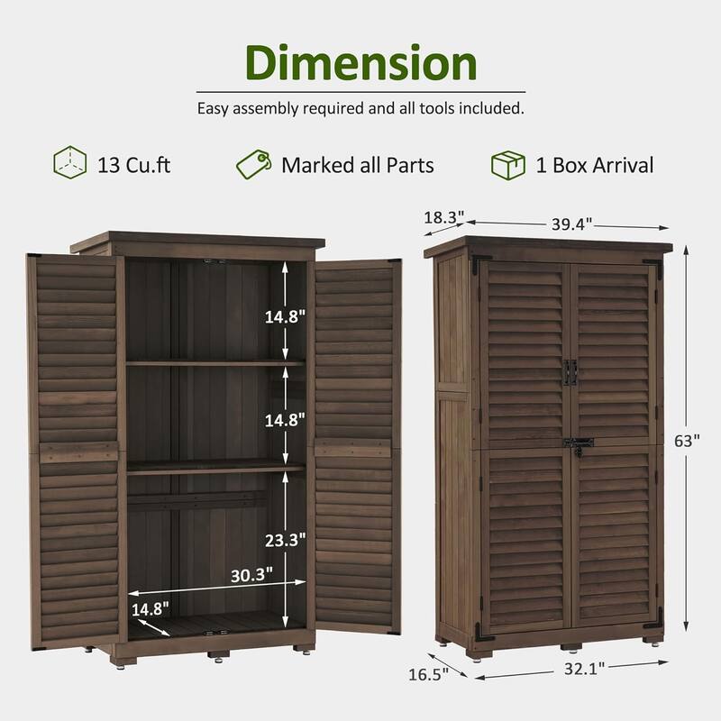MCombo 63 inch Tall Outdoor Storage Tool Cabinet Shed with Lock for Yard (34.3" L x 18.3" W x 63" H), Wooden 0870