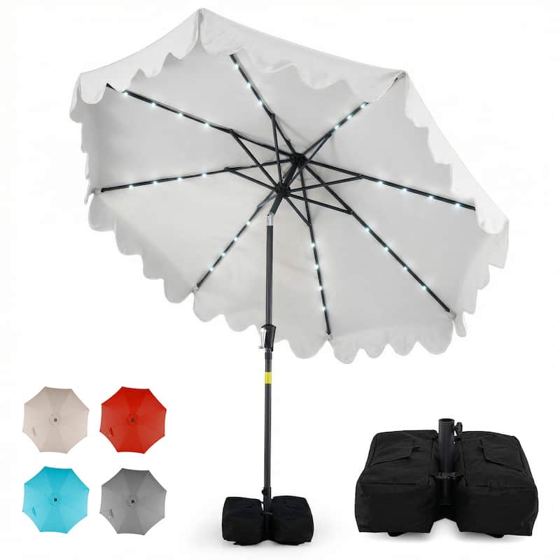 Gymax 9 FT Outdoor Patio Umbrella w/32 Solar LED Lights & Weighted - Beige
