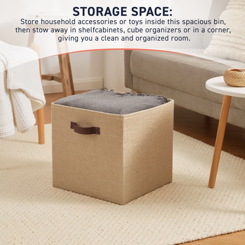 6 Pack Jute Fabric Storage Cube Bin with Faux Leather Handles