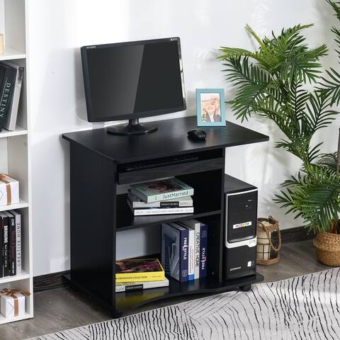 HOMCOM Mobile Computer Desk Office Table Workstation with Sliding Keyboard, Adjustable Shelves, CPU Stand Black Wood Grain