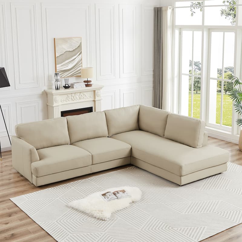 Gloria Mid-Century Modern Cozy Sectional Leather Sofa - Cream - Right Facing
