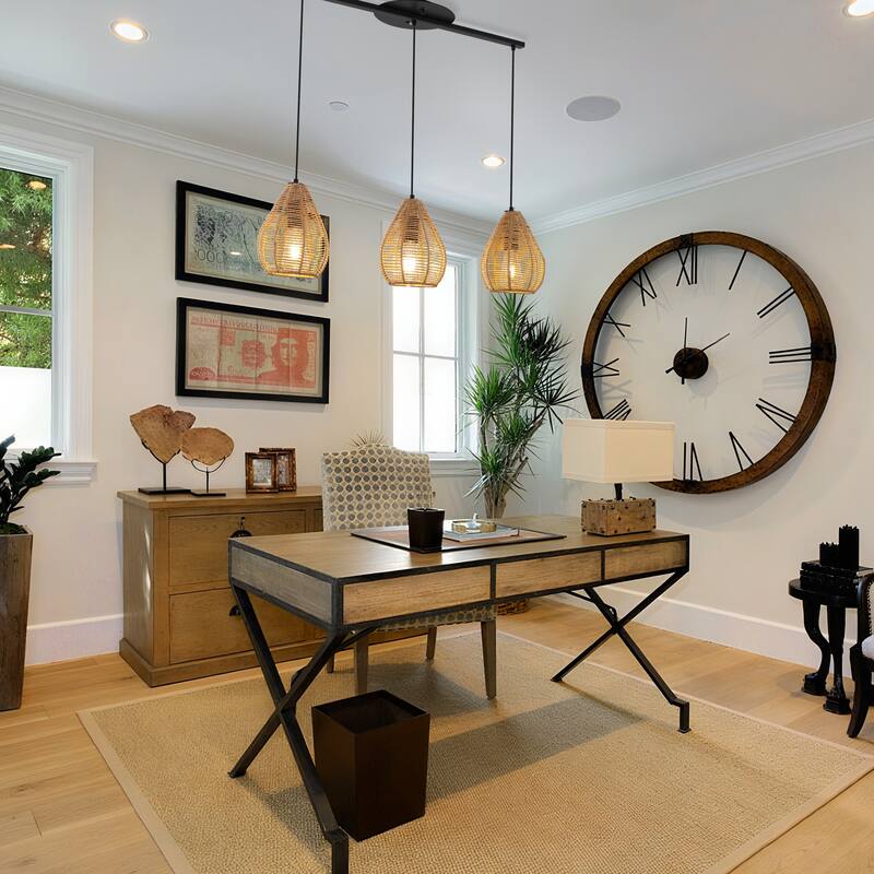 3 - Light Rattan Linear Chandelier for Dining Room, Black Metal Bohemian Style - Matte Black