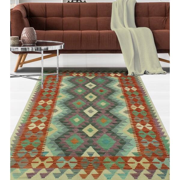 HandWoven Sun Faded Kilim Ahnaf Rust/Purple Rug 4'1" x 6'4" Bed